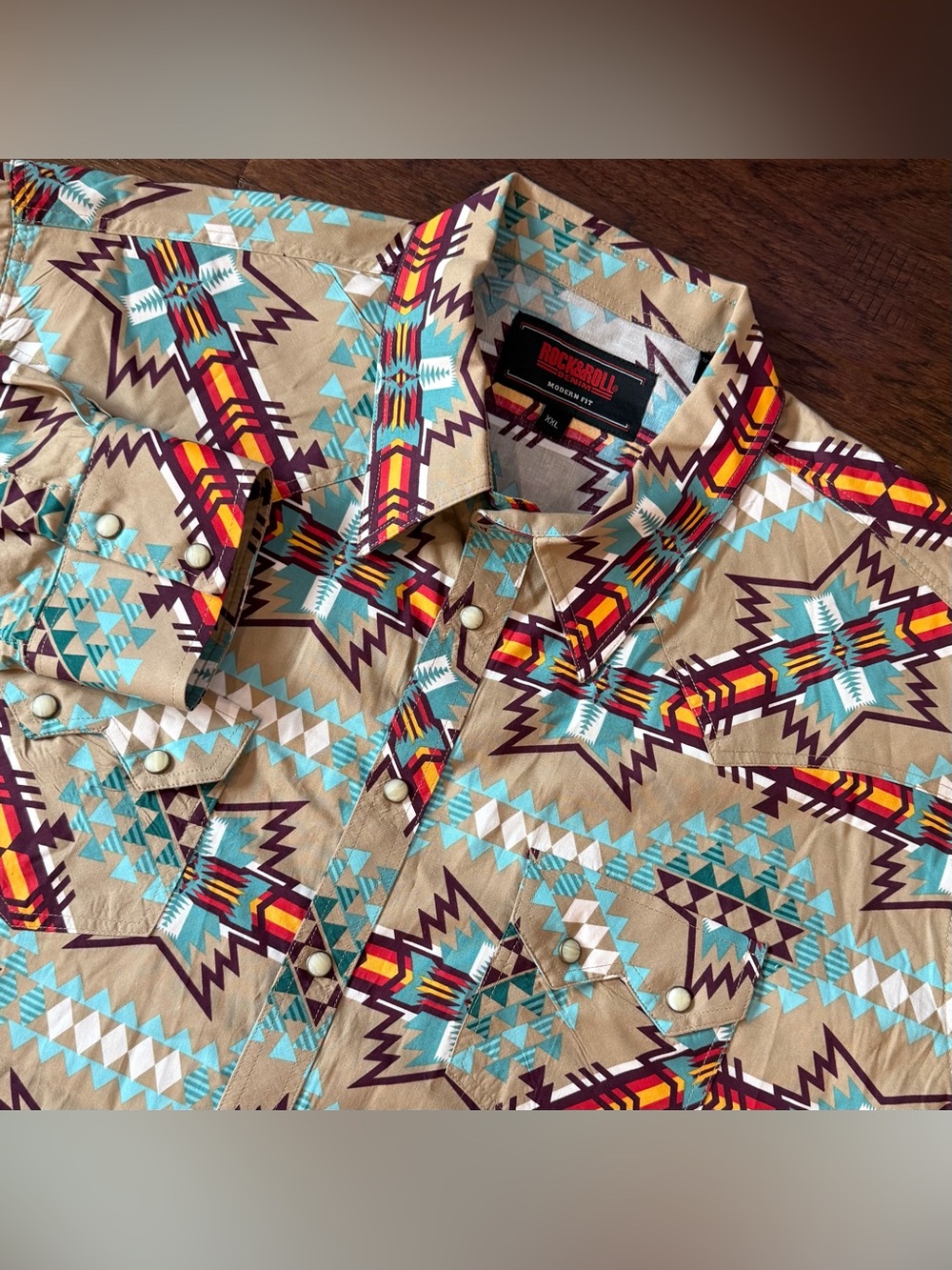Rock & Roll Denim Shirt Mens XXL Tan Aztec Print Pearl Snap Modern Fit Western